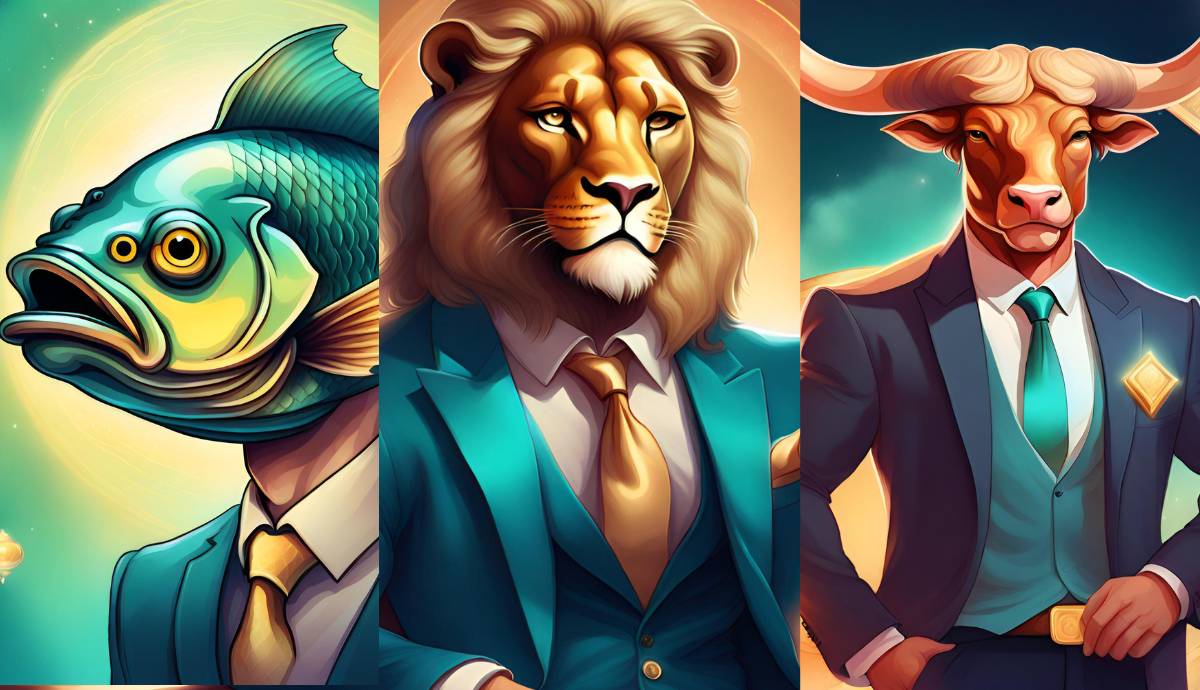 Illustration of pisces leo and taurus depicted as wealthy business people