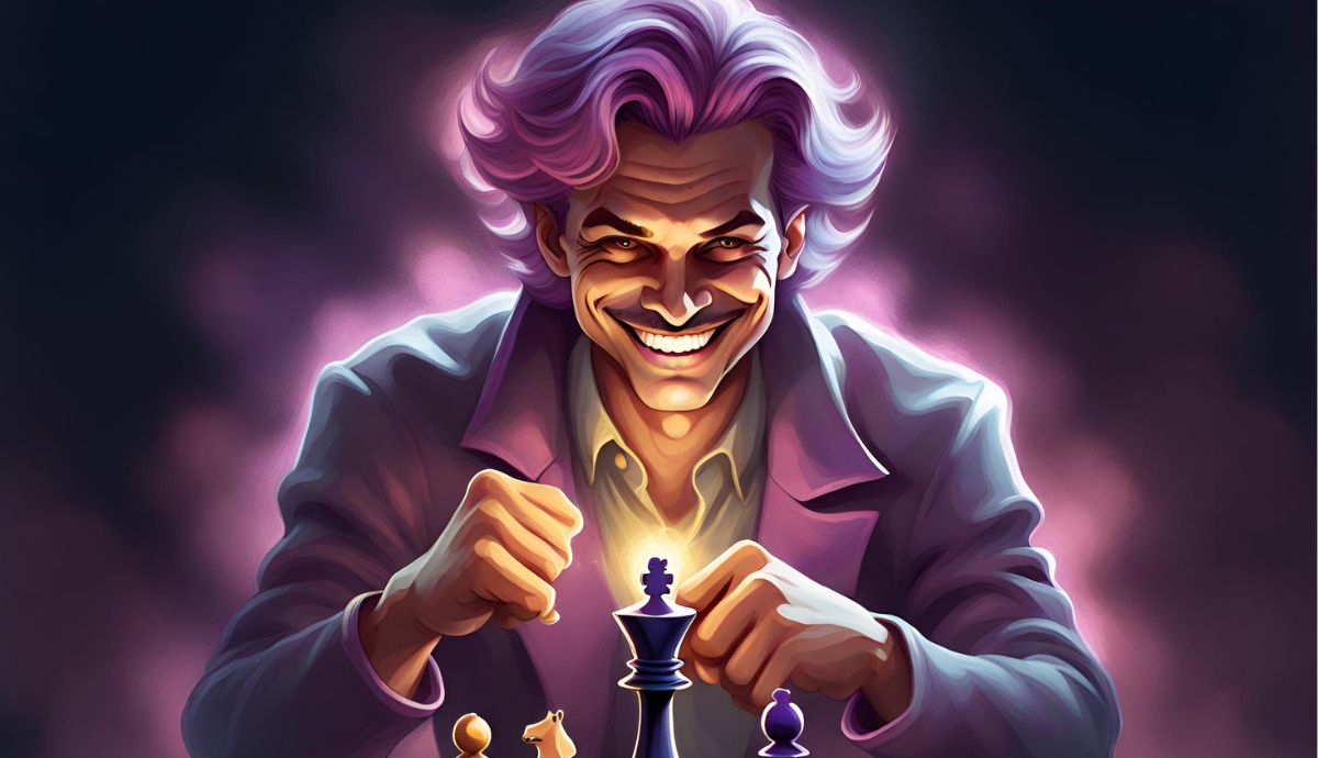 Malevolent looking INTJ man sitting with a chess board.