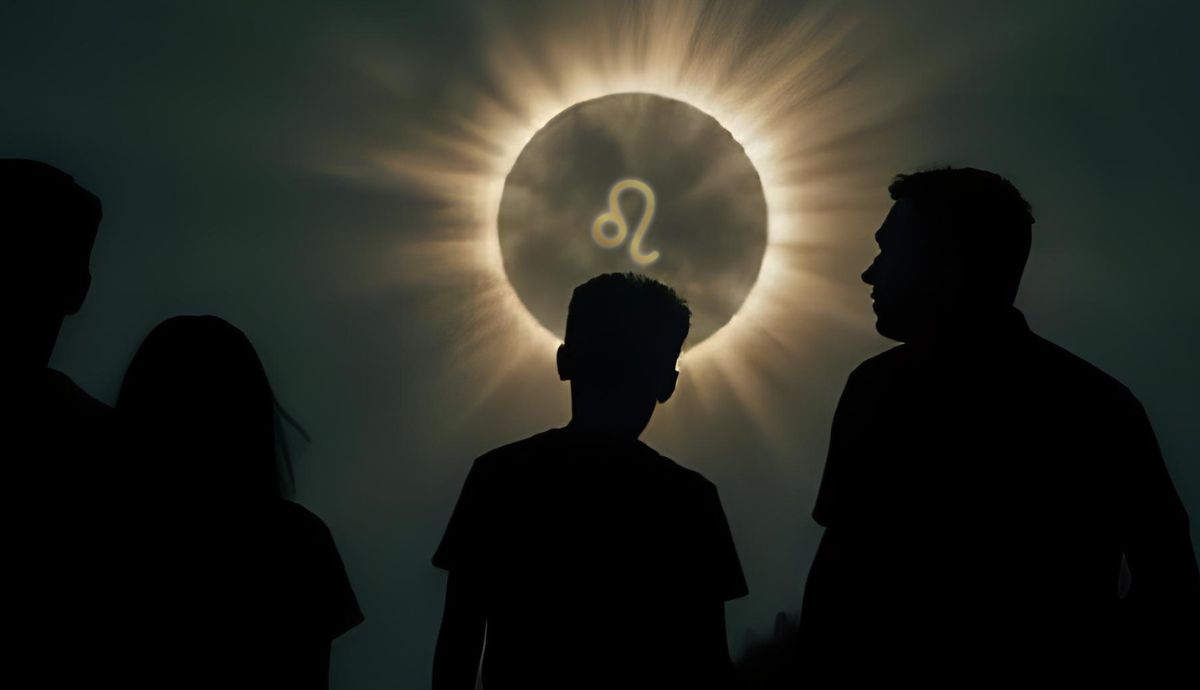 Silhouette of people gazing at an eclipse.