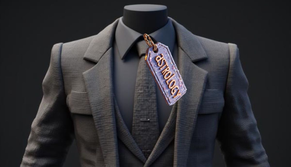 Image of a dark suit on a mannequin with a tag that says "astrology".
