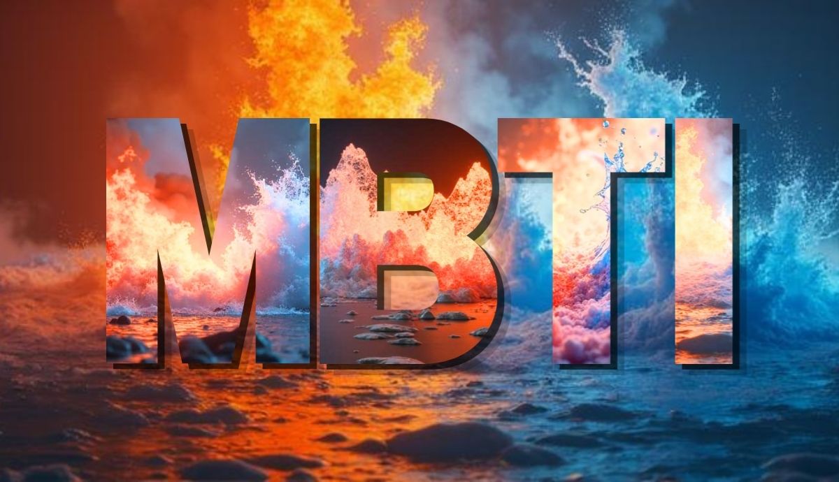 graphic of mbti text superimposed on image of fire and water.