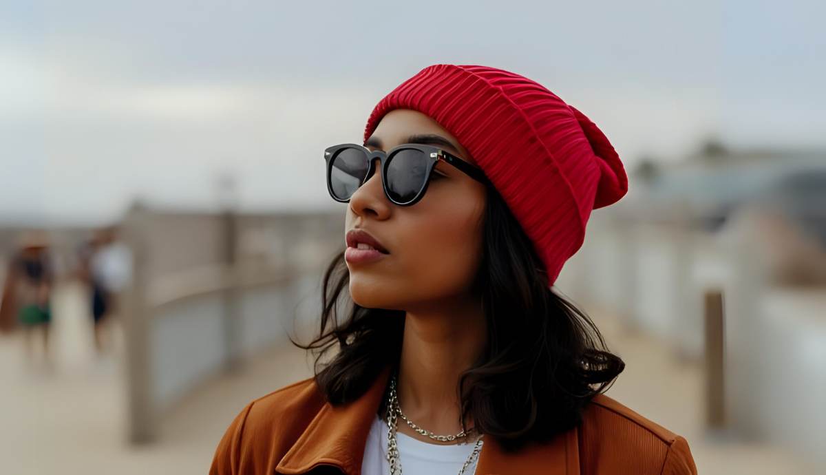 young woman wearing sunglasses and a red beanie.