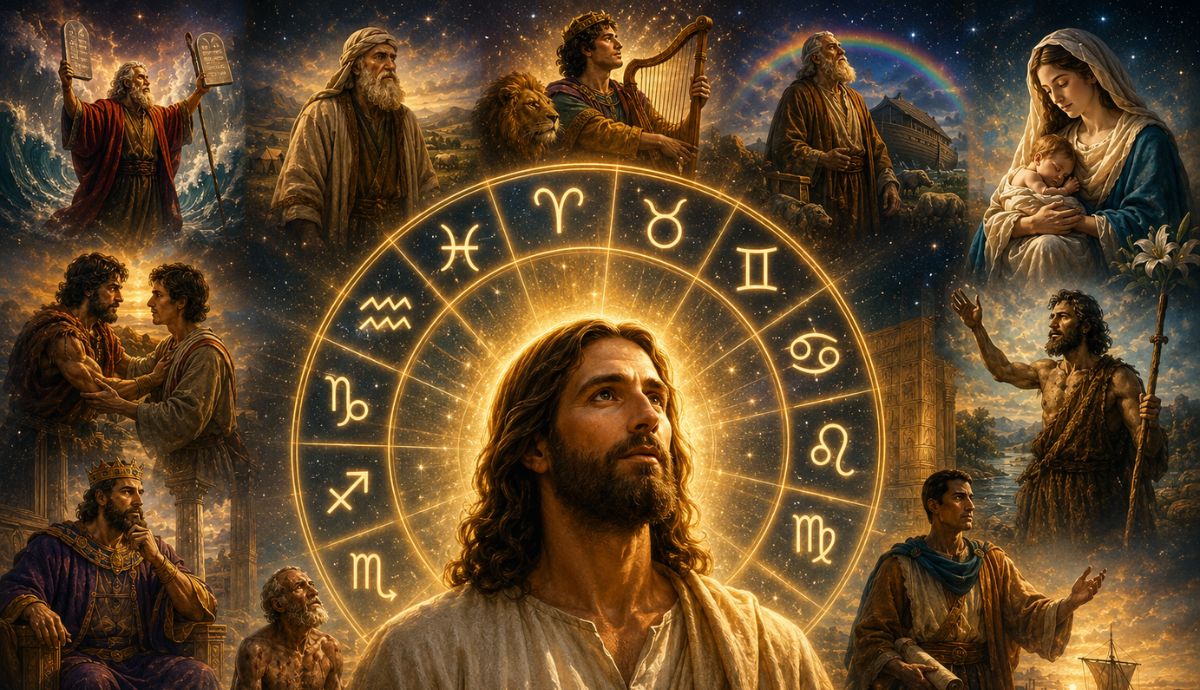 The 12 Astrological Archetypes Hidden in Biblical Symbolism 4 image of Jesus in foreground with a zodiac wheel and various biblical figures in the background.